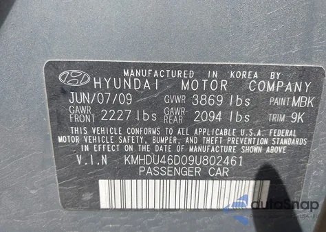 2009 Hyundai Elantra Gls z USA, uszkodzony, nr VIN KMHDU46D09U802461